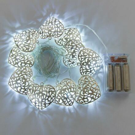 DecoLED LED světelný řetěz na baterie - kovová srdce styl vintage, ledově bílá, 10 diod, 2,8m