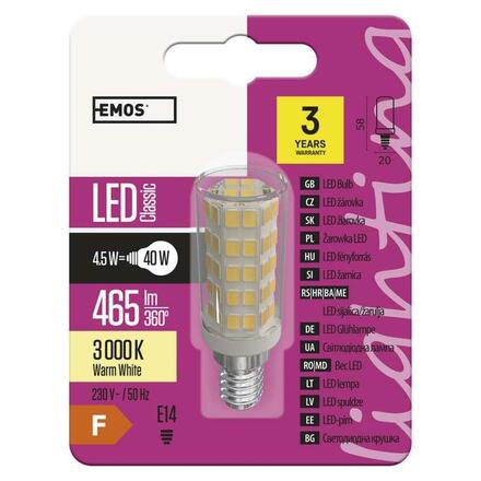 EMOS Lighting LED žárovka Classic JC A++  4,5W E14 teplá bílá 1525731208
