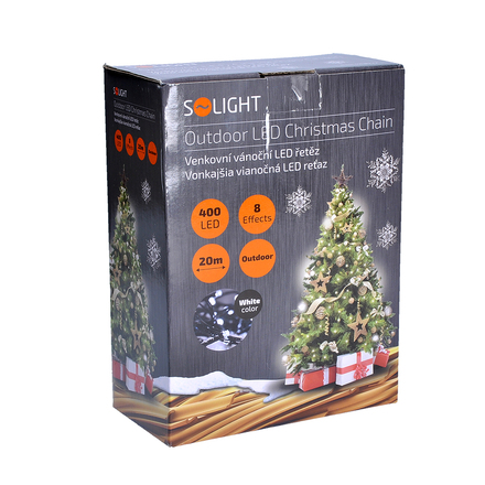 Solight LED venkovní vánoční řetěz, 400 LED, 20m, přívod 5m, 8 funkcí, IP44, studená bílá 1V07-W