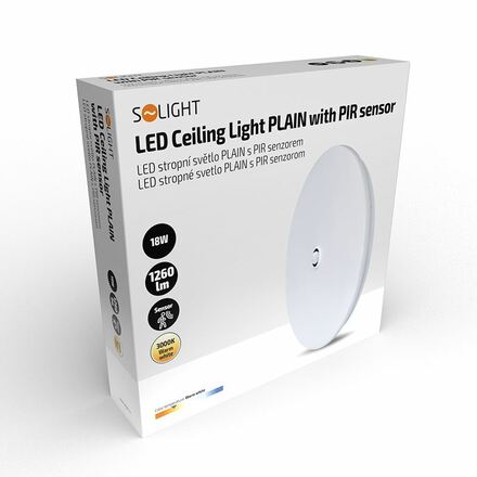 Solight LED stropní světlo PLAIN s PIR sensorem, 18W, 1260lm, 3000K, kulaté, 33cm WO776
