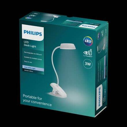 Philips Donutclip stolní LED lampa na klip 1x3W 175lm 4000K IP20 USB, krokové stmívání, bílá
