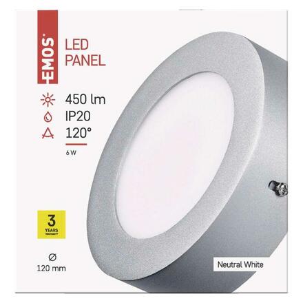 EMOS LED panel 120mm, kruhový přisazený stříbrný, 6W neutr. bílá 1539057110