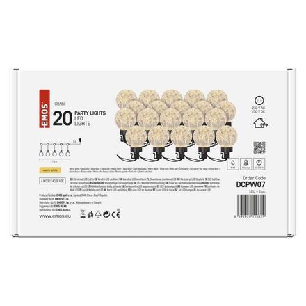 EMOS LED světelný řetěz – 20x párty žárovky, 7,6 m, venkovní i vnitřní, teplá bílá DCPW07