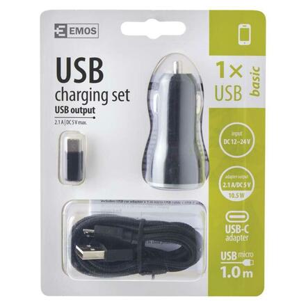 EMOS USB adaptér do auta 2,1A + micro USB kabel + USB-C redukce 1704021900