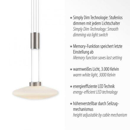 PAUL NEUHAUS LED závěsné svítidlo 1 ramenné kruhové, stříbrná barva, stmívatelné, nastavitelná výška SimplyDim 3000K