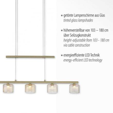 PAUL NEUHAUS LED závěsné svítidlo, 5 ramenné, matná mosaz, nastavitelná výška, nad jídelní stůl 3000K
